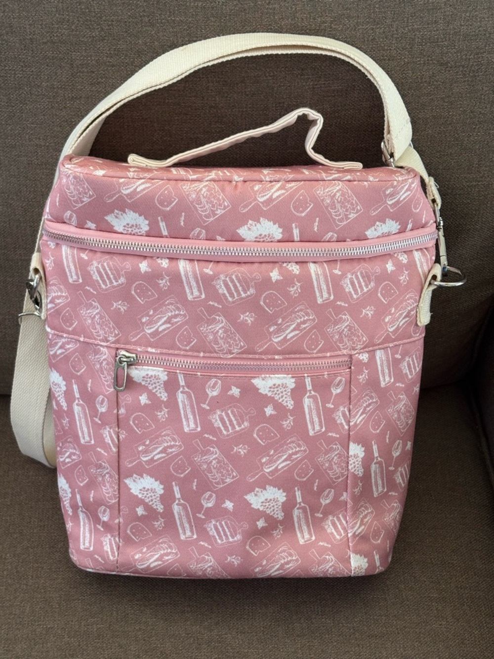 Classic Pink Insulated Crossbody Tote Bag with Wine & Cheese Pattern